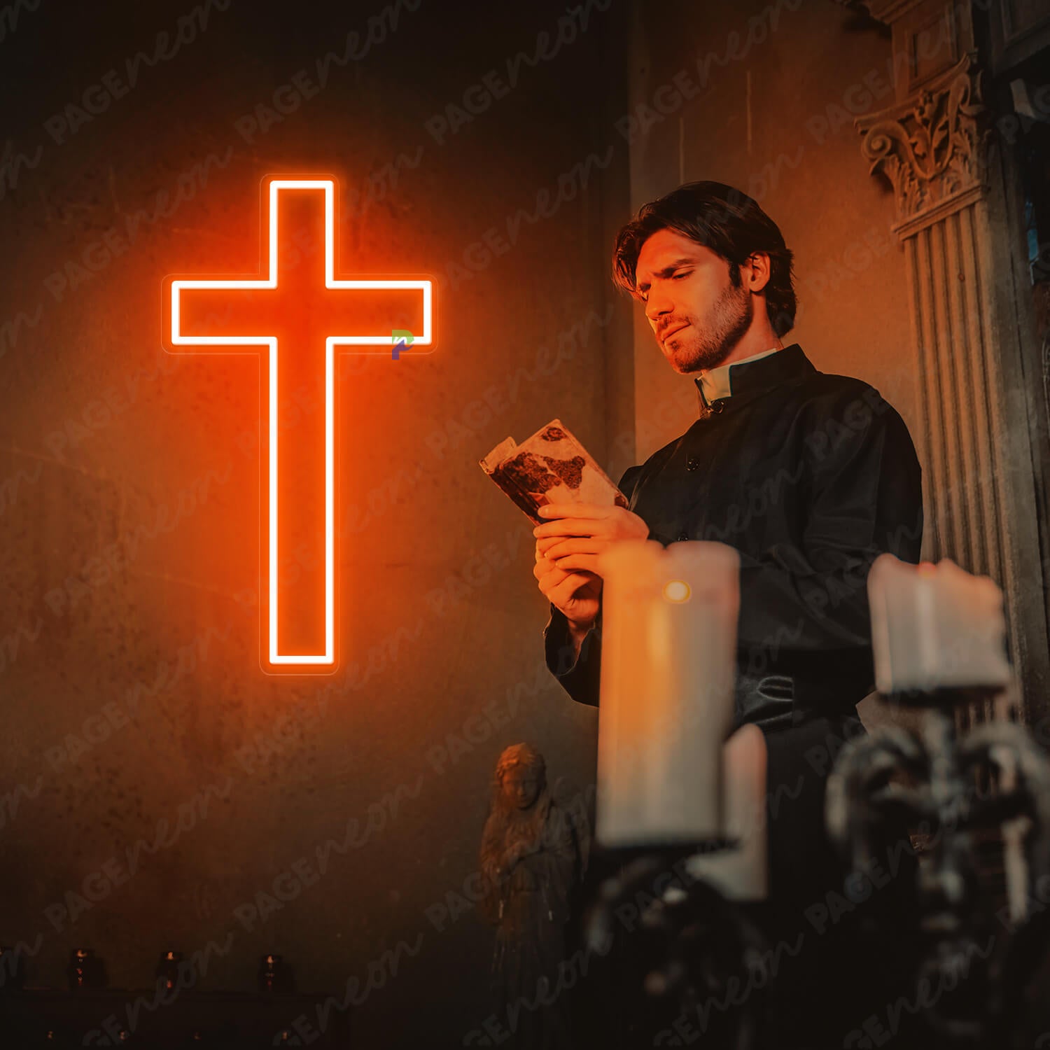 Cross Neon Sign Christian Led Light Orange