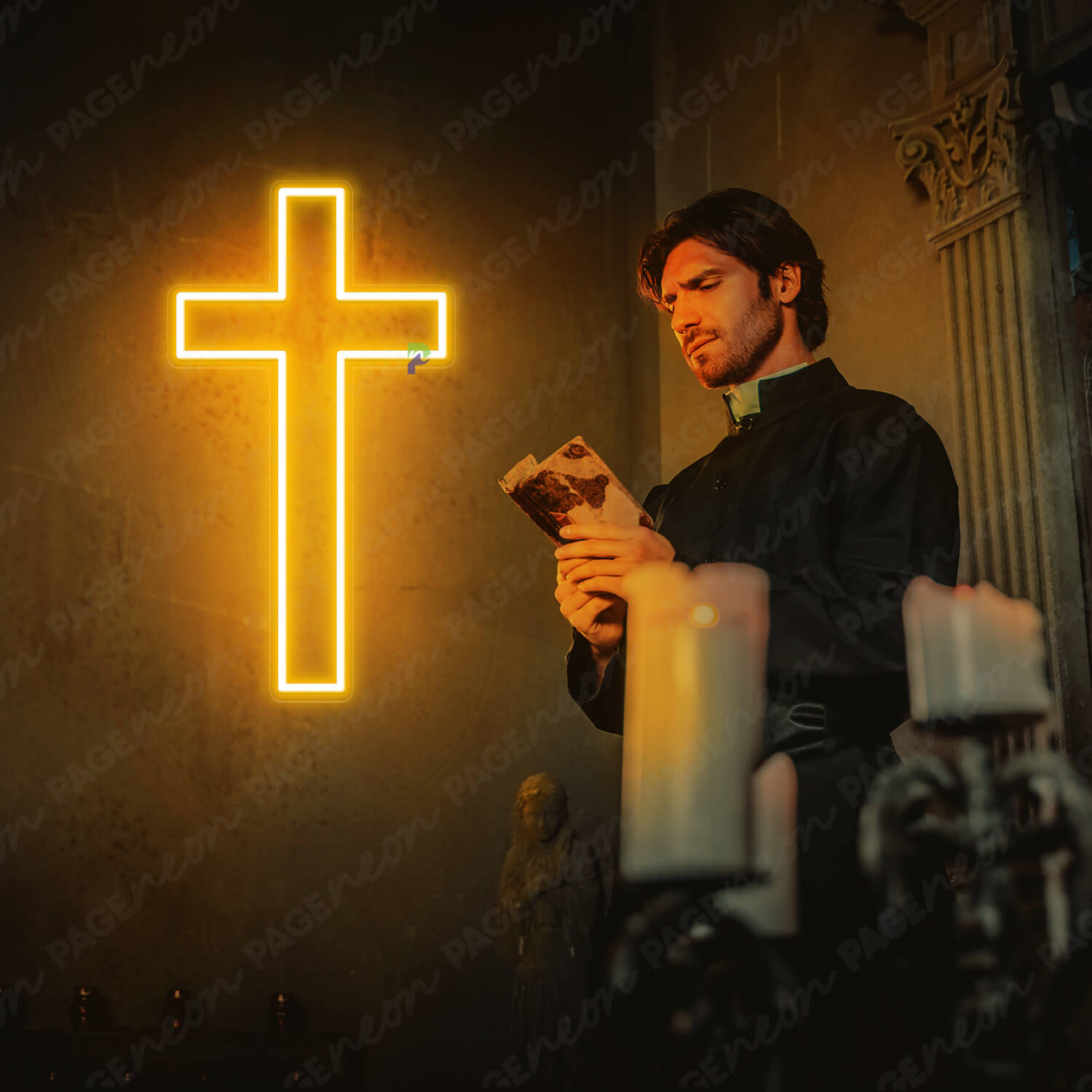 Cross Neon Sign Christian Led Light Orange Yellow