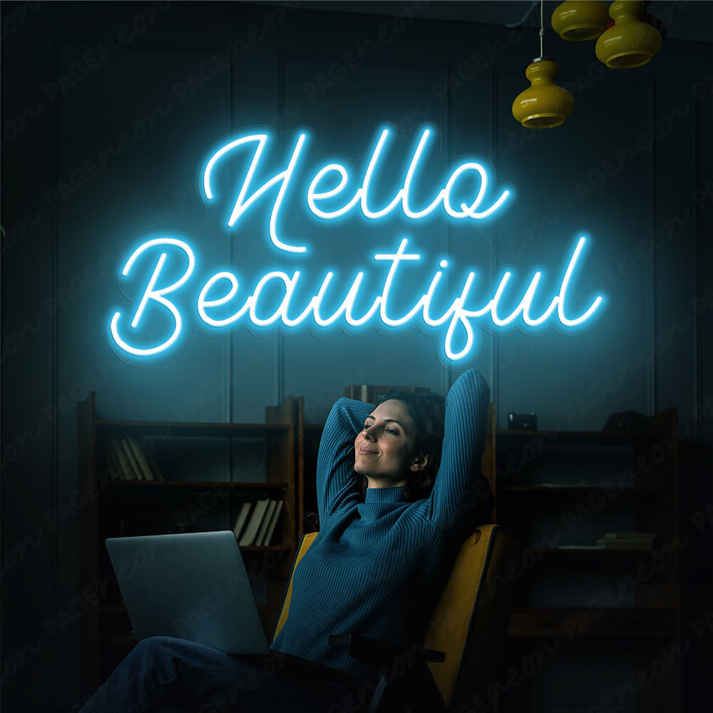 Hello Beautiful Neon Sign Nails Hair Salon Neon Light LightBlue