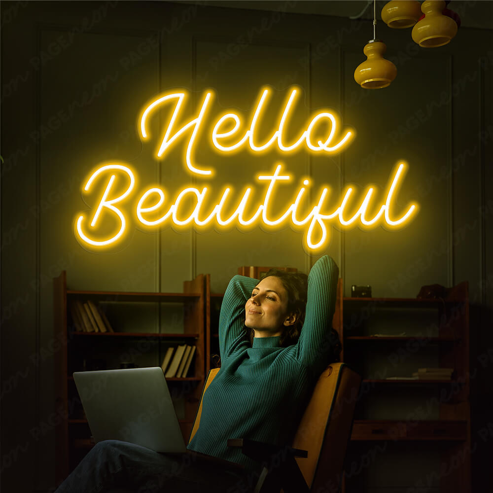 Hello Beautiful Neon Sign Nails Hair Salon Neon Light OrangYellow
