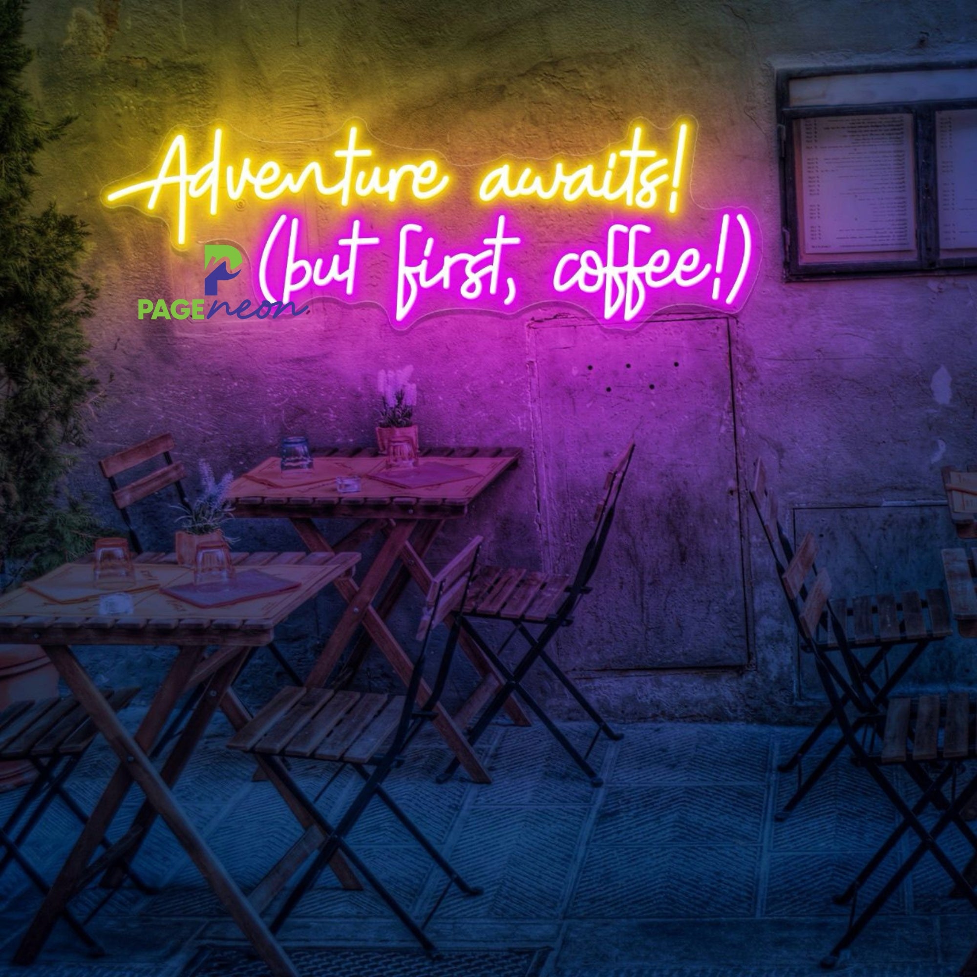 Adventure Awaits But First Coffee Neon Sign Cafe
