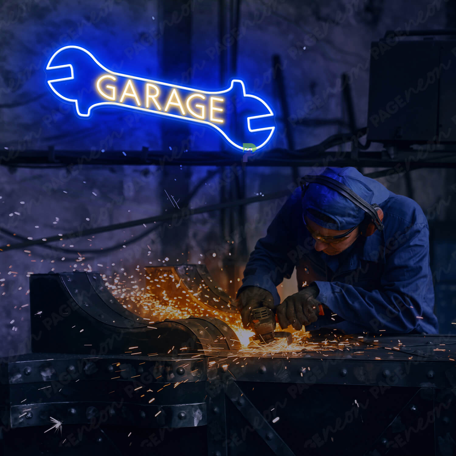 Garage Neon Sign Wrench Led Light Blue
