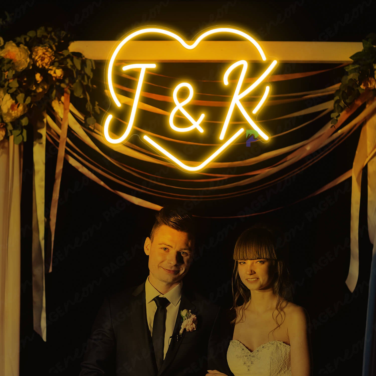 Initials Neon Sign Custom Wedding LED Light Orange Yellow