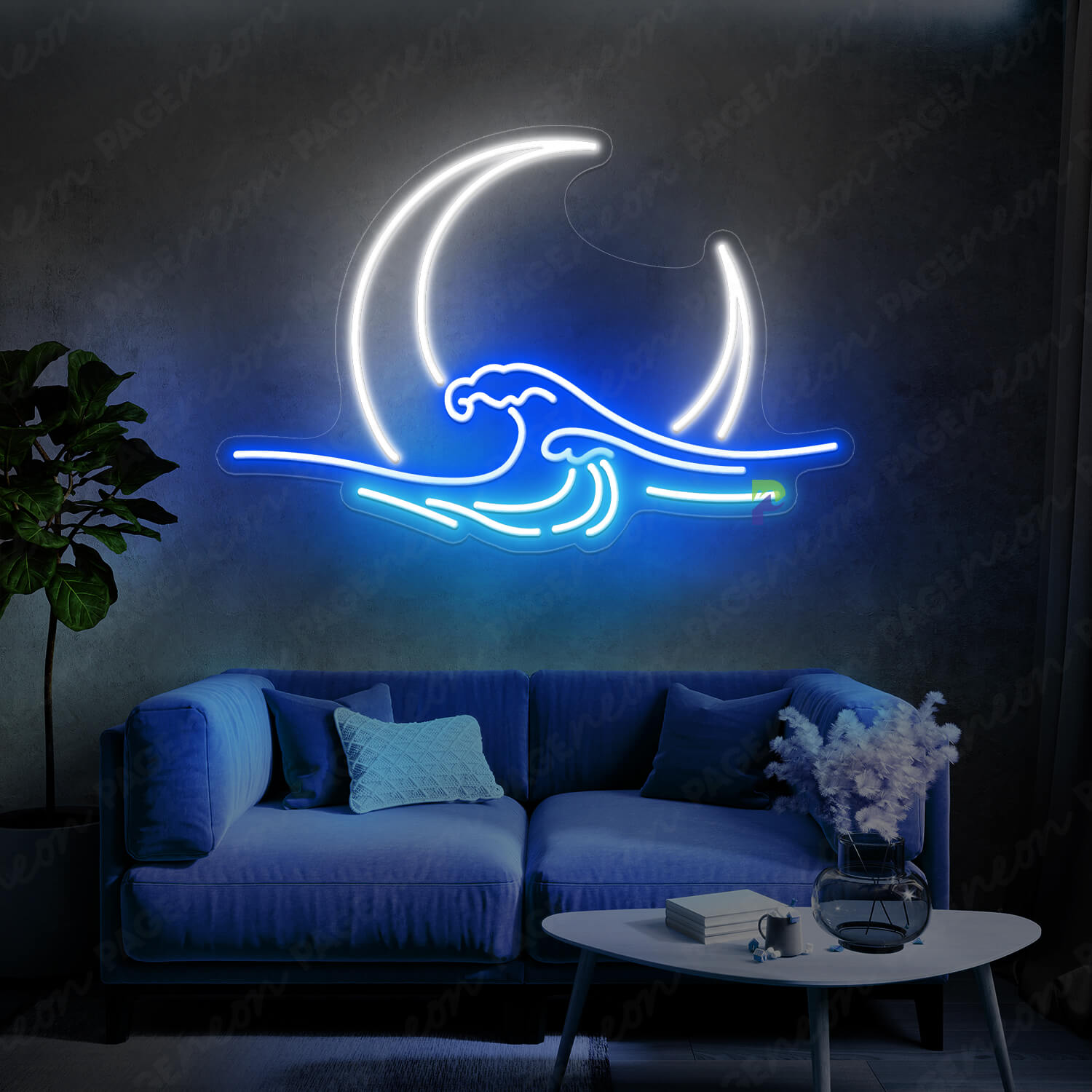 Moon Neon Sign Crescent Moon Blue Wave Led Light
