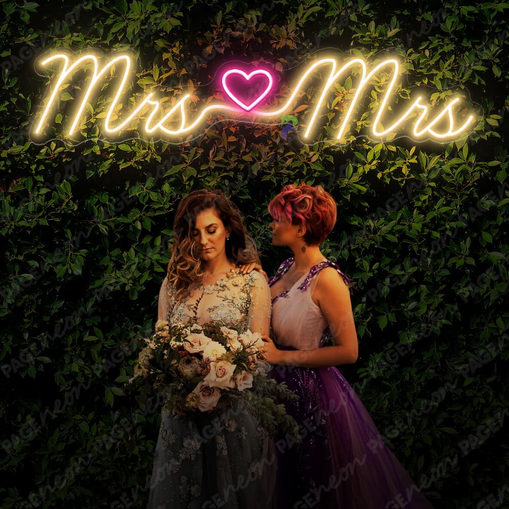 Mrs And Mrs Neon Sign LED Wedding Sign Gold yellow