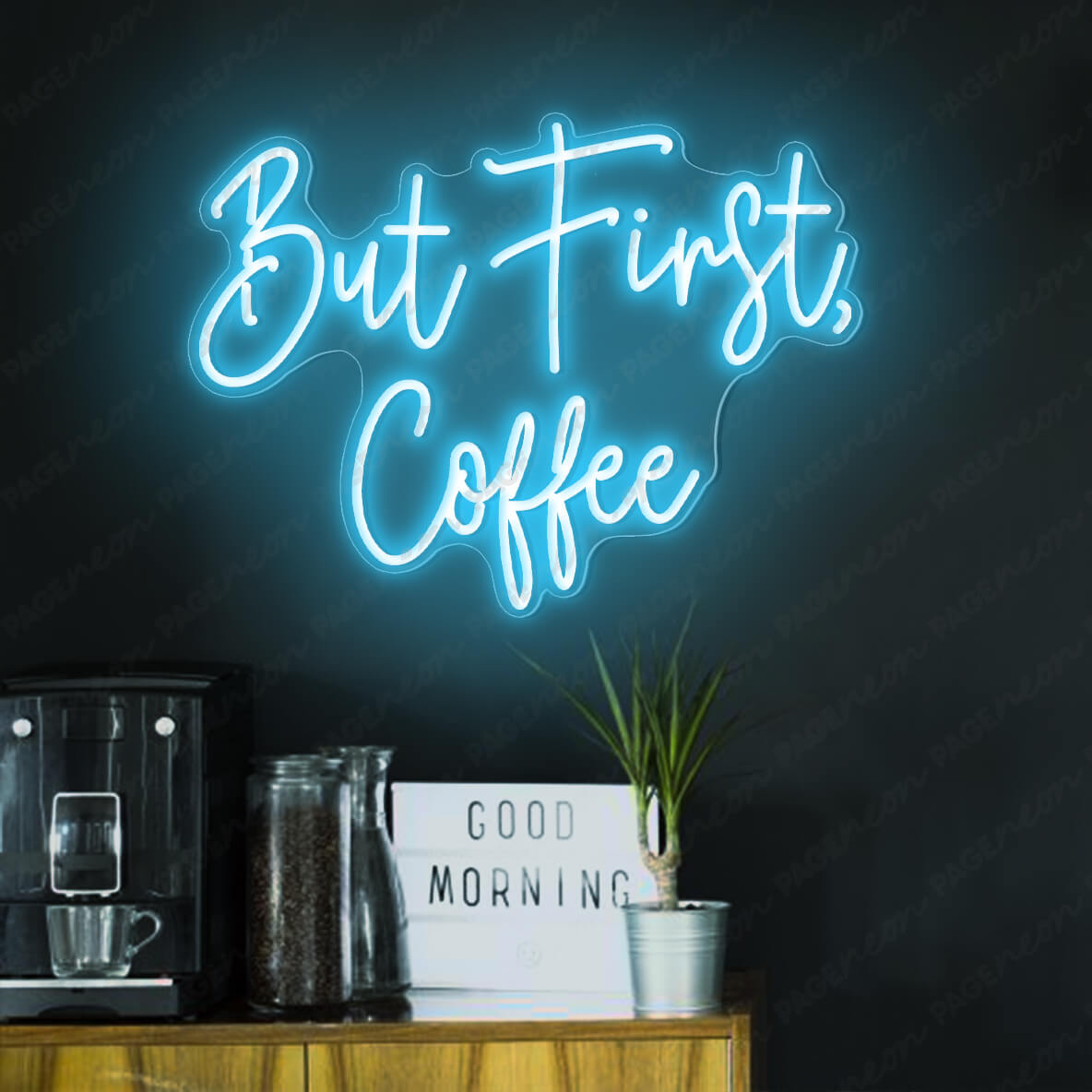 But First Coffee Neon Sign Grote 5V USB aangedreven acryl neonlichten met dimbare schakelaar en hangende ketting voor koffie cafe bar party woonkamer teken geschenken 14 * 11,3 inch (ijsblauw