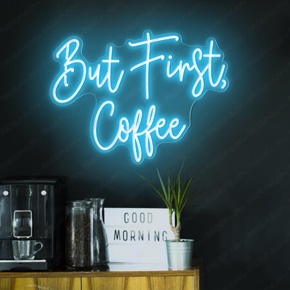 But First Coffee Neon Sign Light Blue